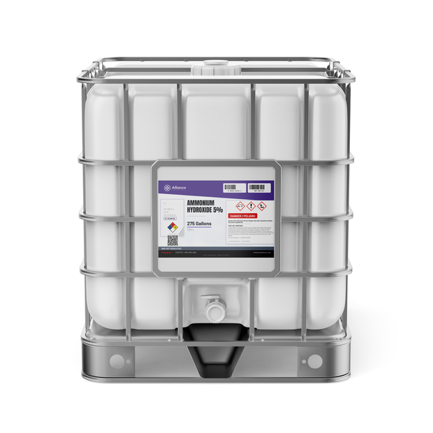 Ammonium Hydroxide 5% Technical Grade in a 275-gallon IBC tote from Alliance Chemical
