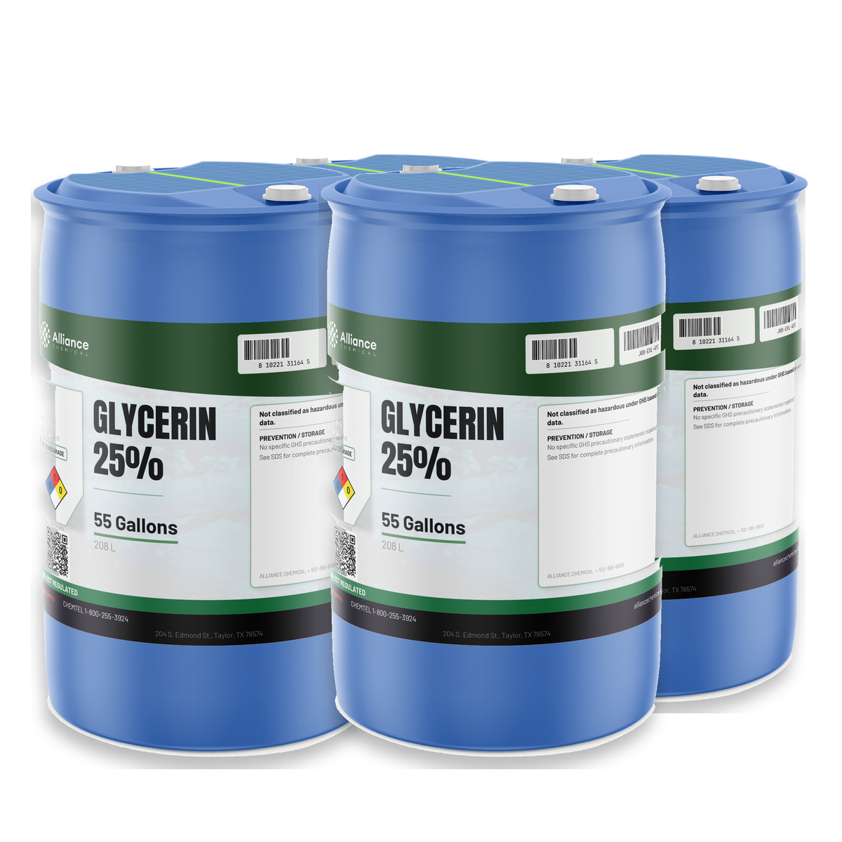Glycerin 25% Food Grade liquid in four blue 55-gallon drums by Alliance Chemical for food processing