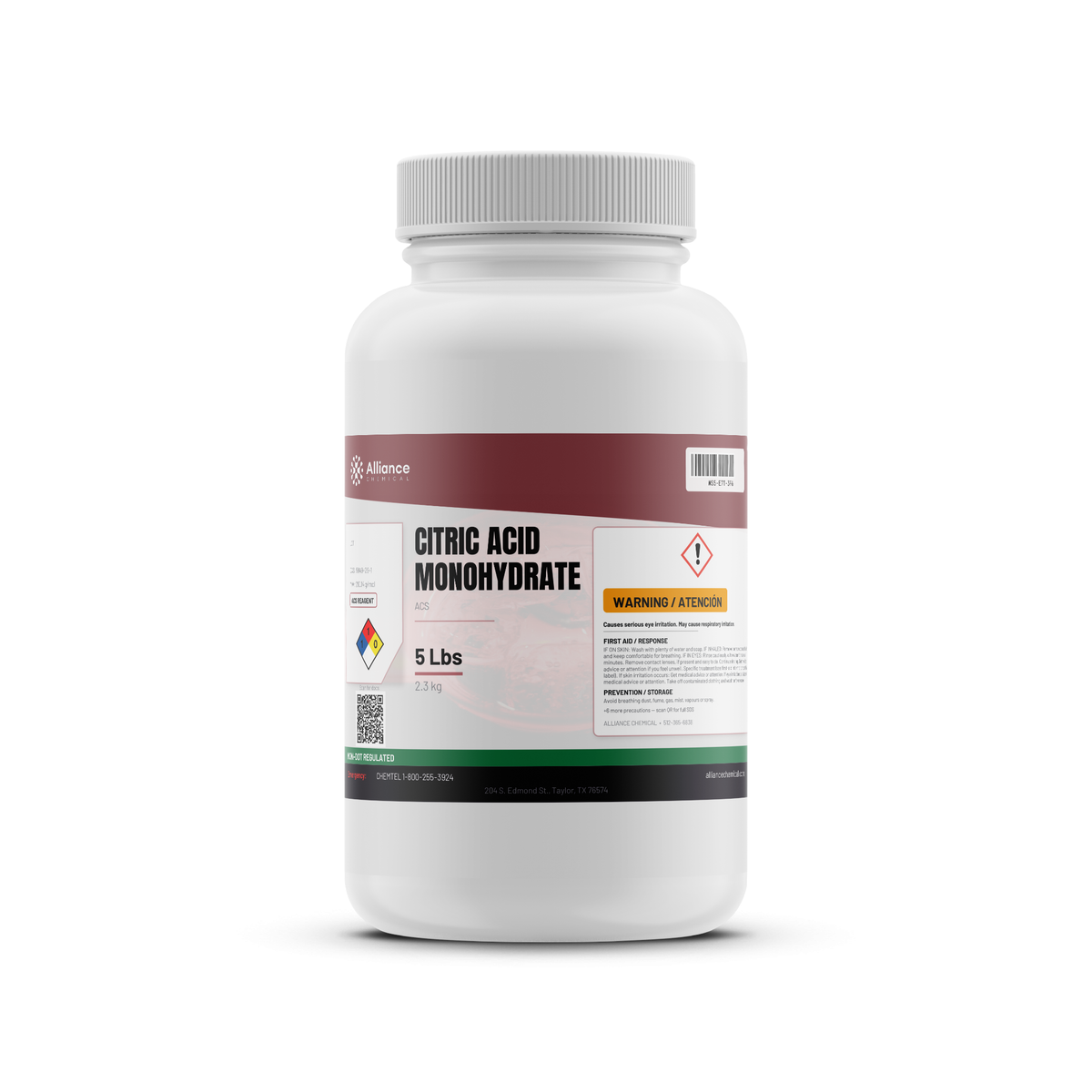 Citric Acid Monohydrate ACS Reagent Grade in a 5-pound white plastic bottle, Alliance Chemical