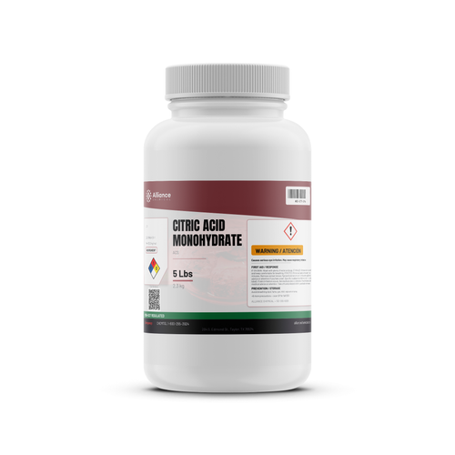Citric Acid Monohydrate ACS Reagent Grade in a 5-pound white plastic bottle, Alliance Chemical