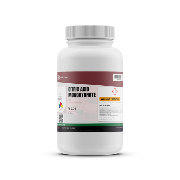 Citric Acid Monohydrate ACS Reagent Grade in a 5-pound white plastic bottle, Alliance Chemical