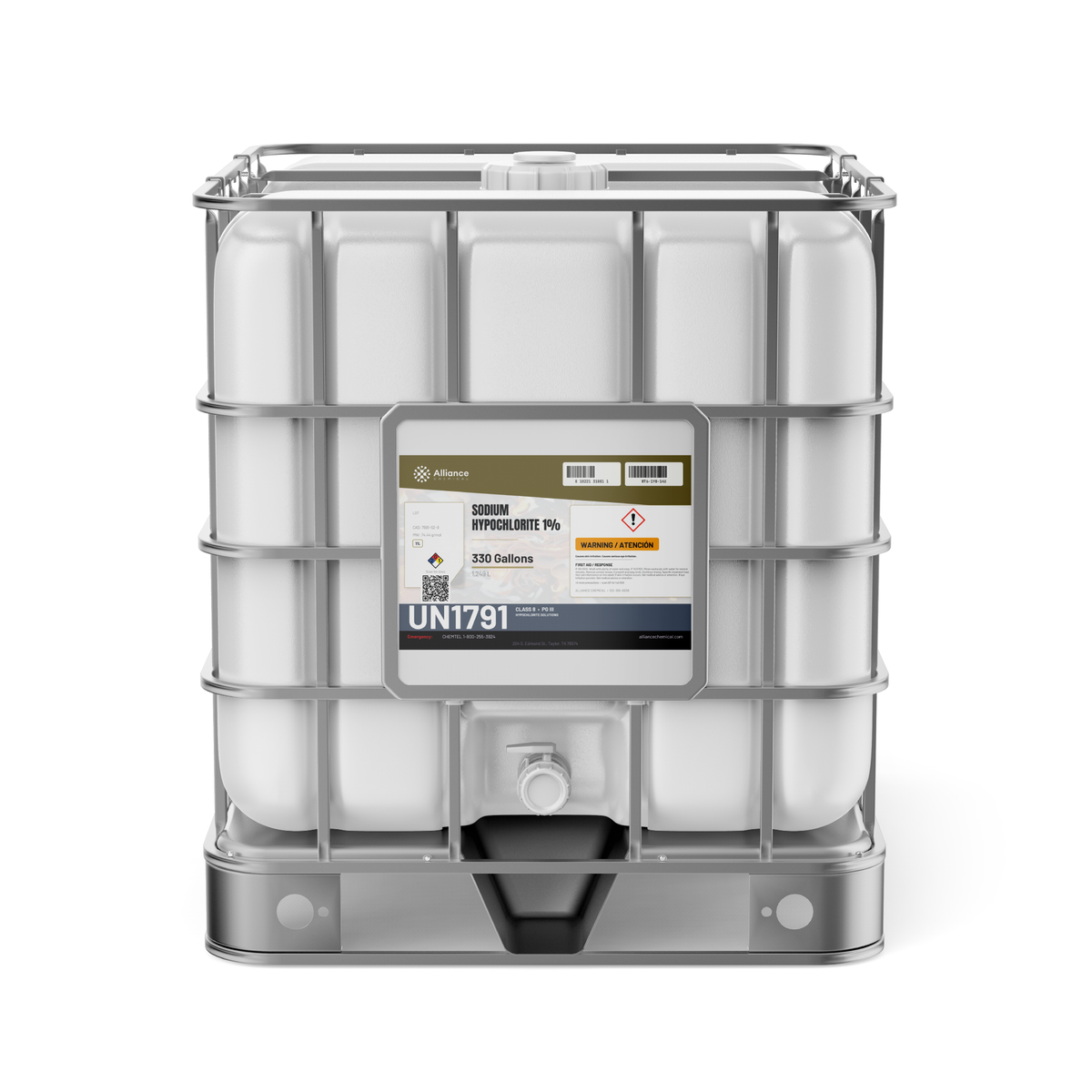 Sodium Hypochlorite 1% Technical Grade in a 330-gallon caged IBC tote, Alliance Chemical