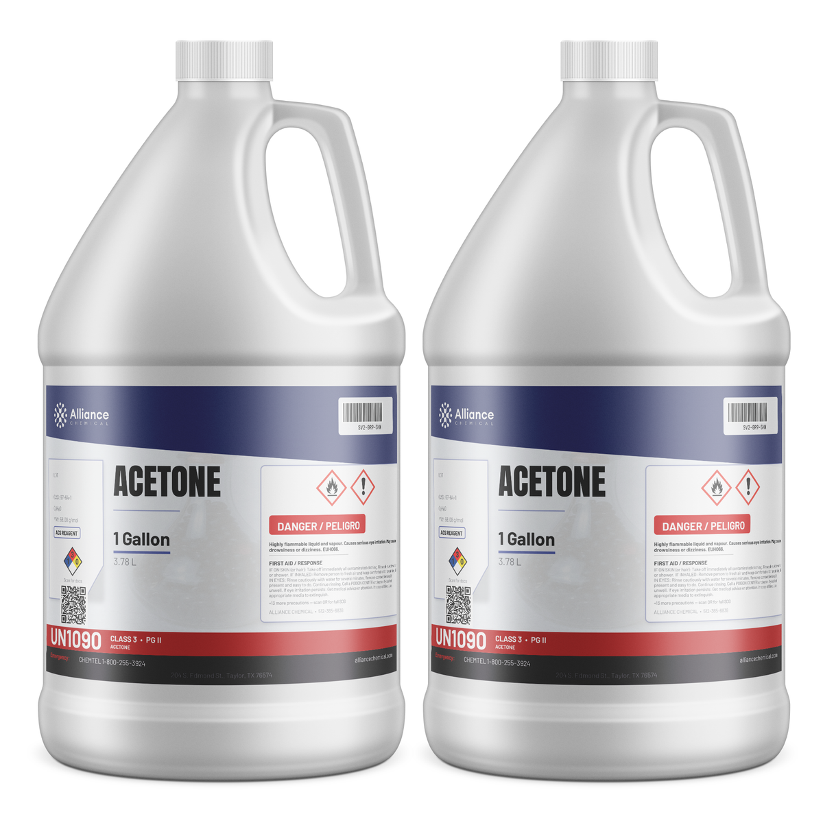 Acetone ACS Reagent Grade in two 1-gallon plastic jugs, Alliance Chemical, for laboratory cleaning
