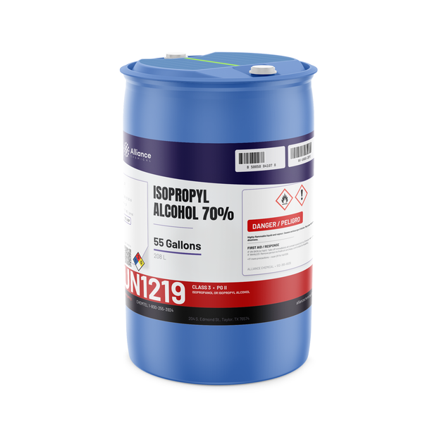 Isopropyl Alcohol 70% USP Grade in a 55-gallon blue drum from Alliance Chemical for surface prep and industrial cleaning