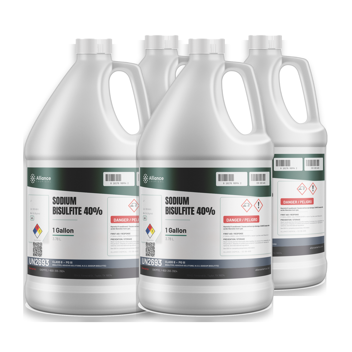 Sodium Bisulfite 40% Technical Grade four 1-gallon plastic jugs for wastewater dechlorination, Alliance Chemical