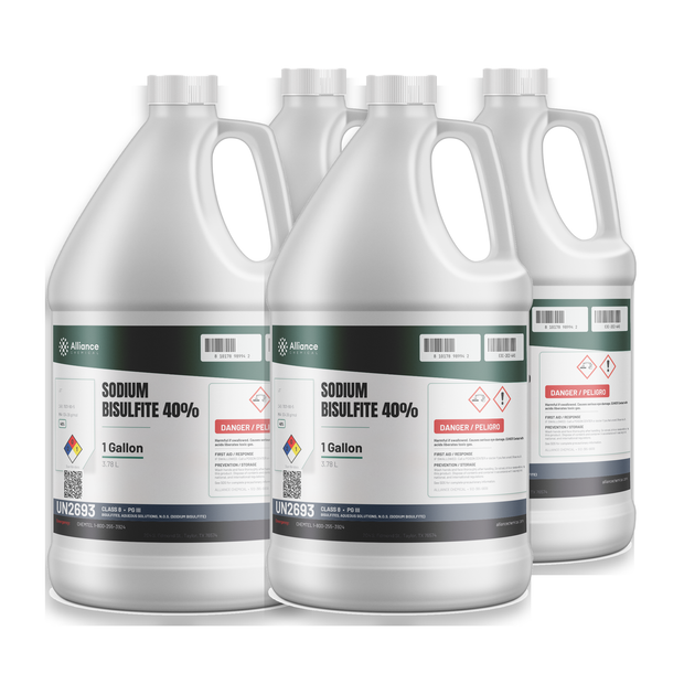 Sodium Bisulfite 40% Technical Grade four 1-gallon plastic jugs for wastewater dechlorination, Alliance Chemical