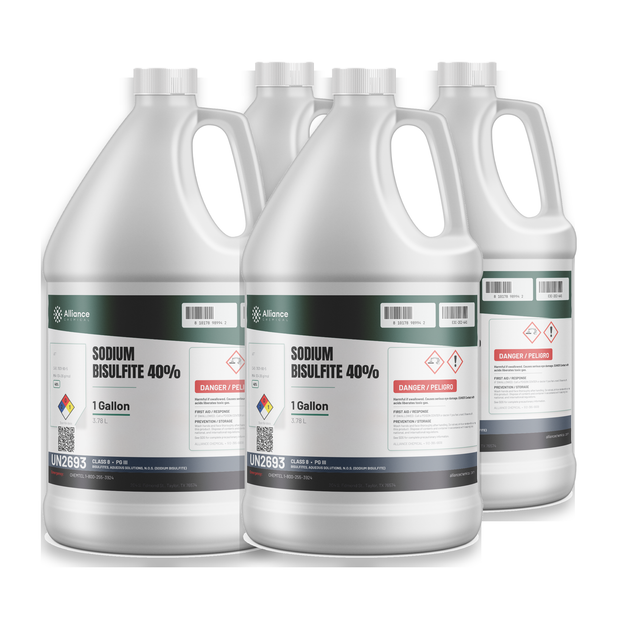 Sodium Bisulfite 40% Technical Grade four 1-gallon jugs from Alliance Chemical for wastewater dechlorination