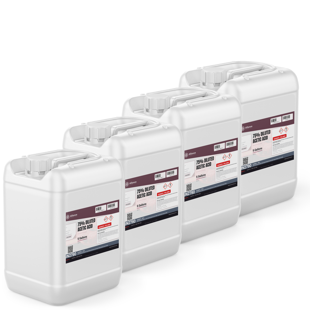 75% diluted acetic acid food grade in four 5-gallon pails, Alliance Chemical, for pH control and chemical synthesis