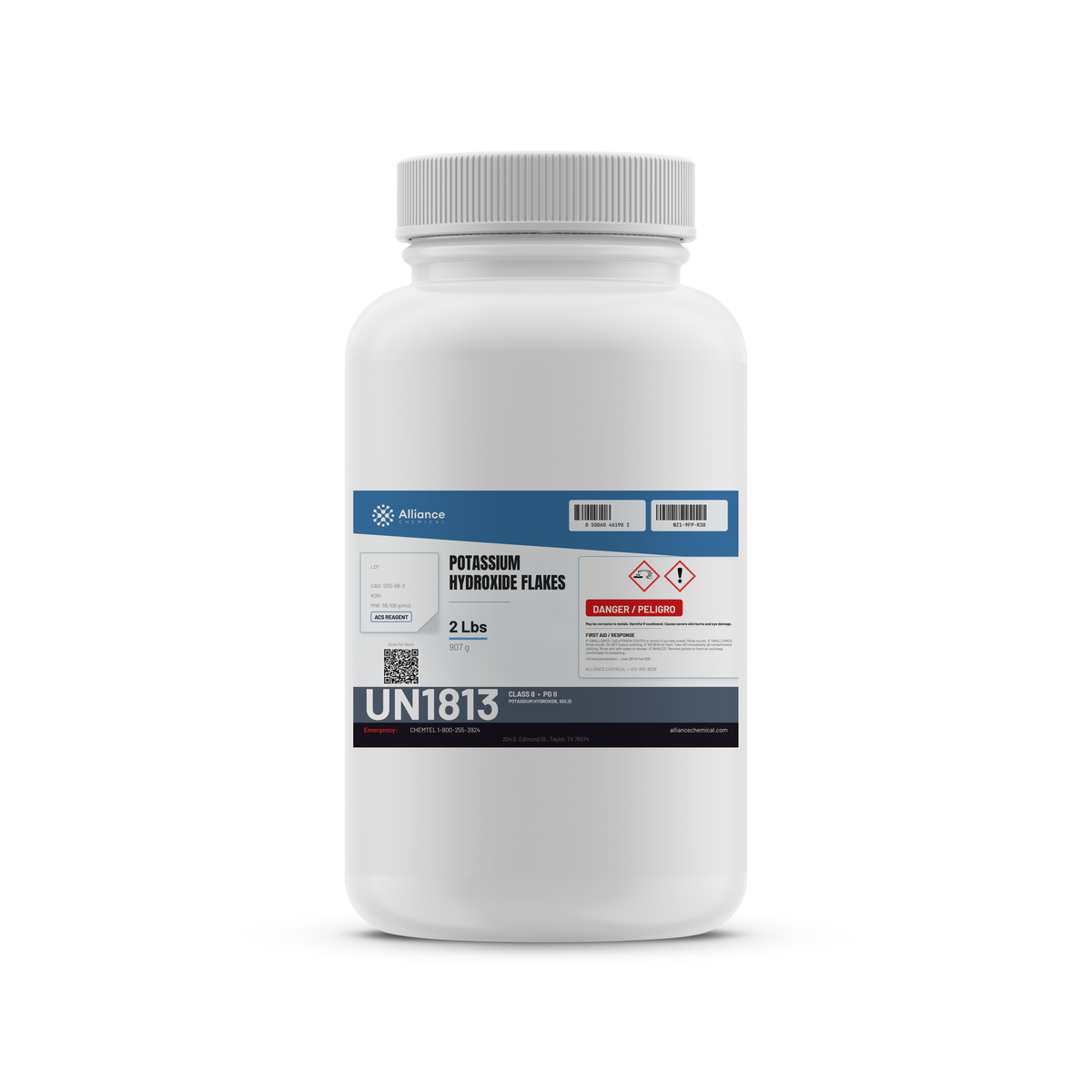 Potassium Hydroxide Flakes ACS Reagent Grade in a 2-lb white plastic bottle, Alliance Chemical