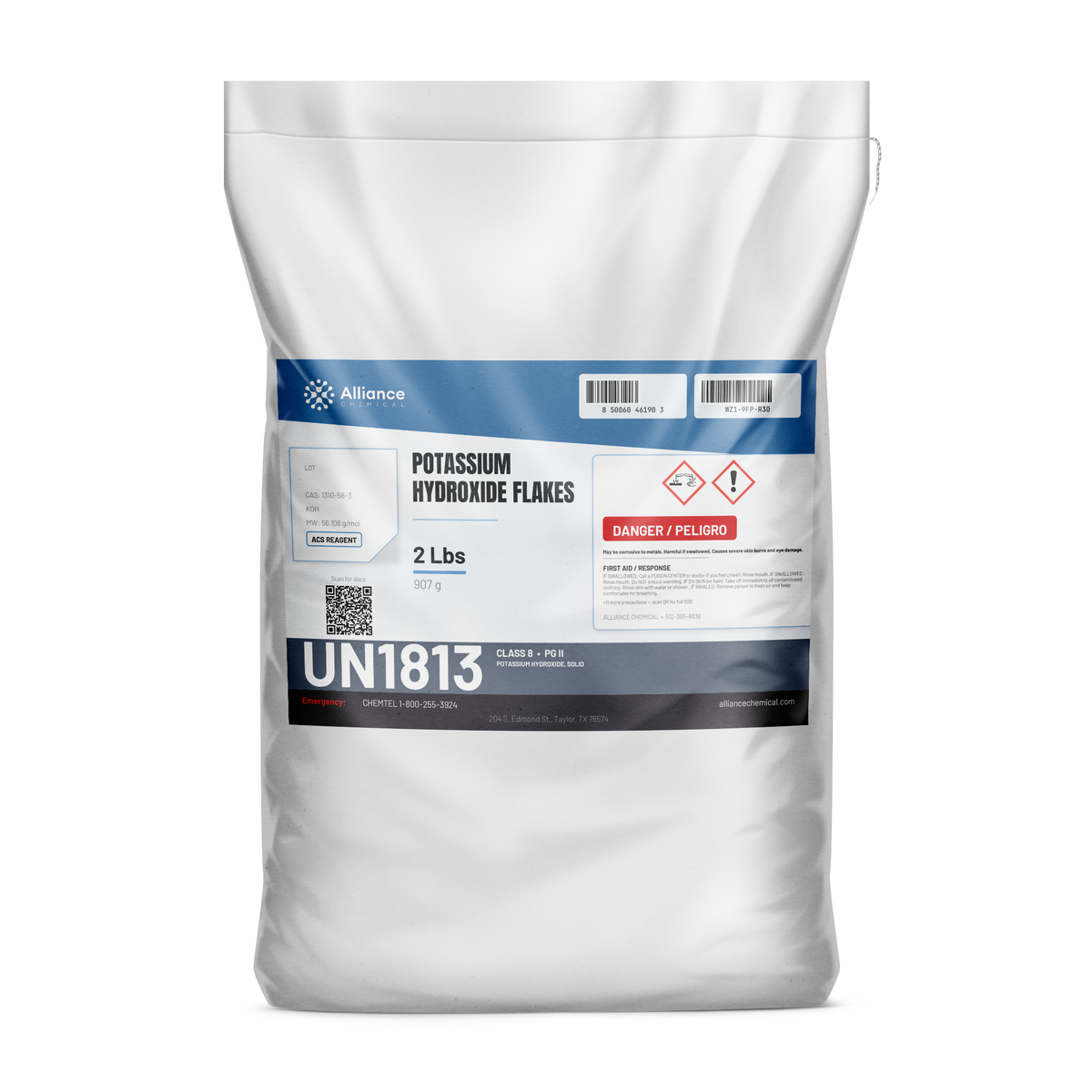 Potassium hydroxide flakes ACS Reagent Grade 2-lb plastic bag for chemical manufacturing, Alliance Chemical
