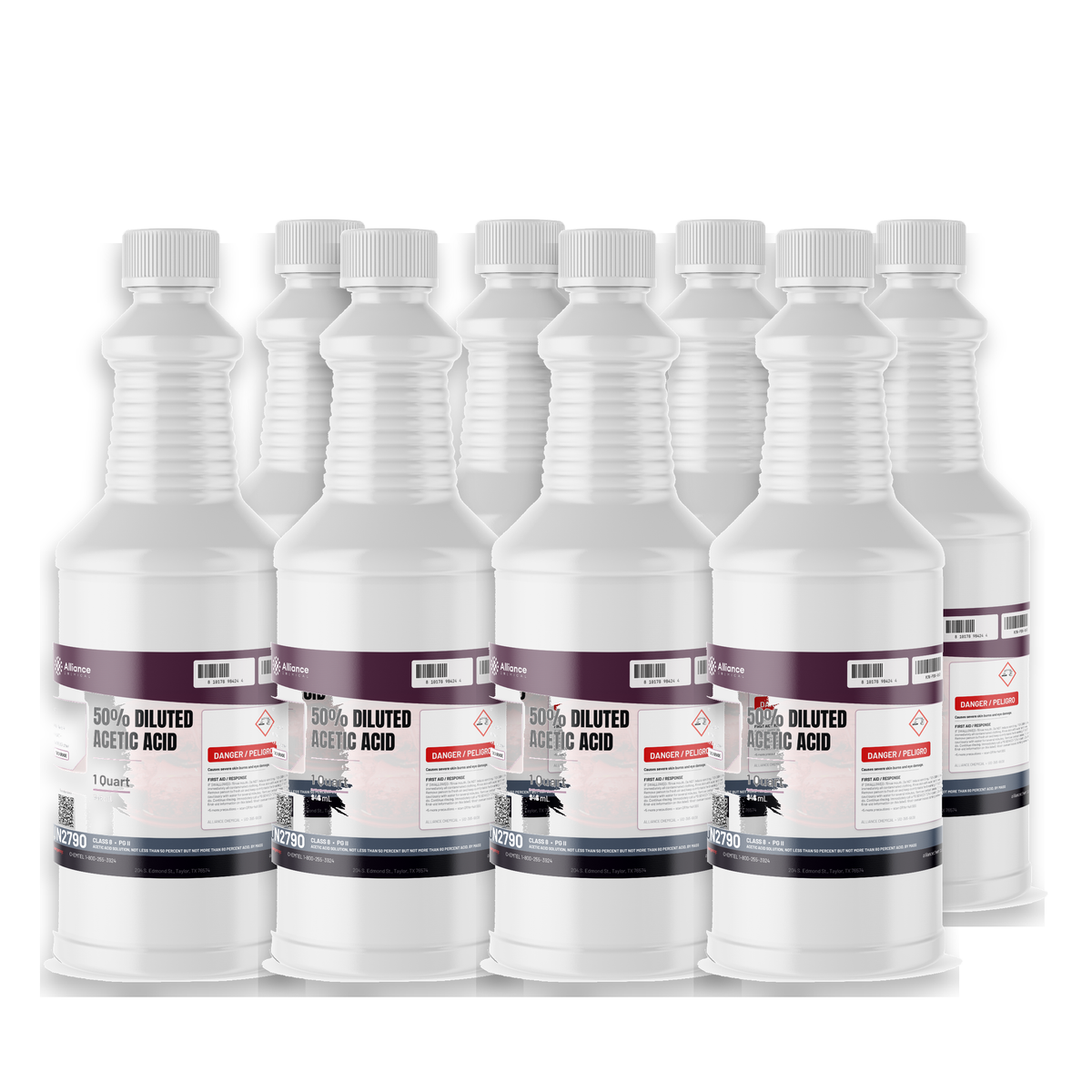 50% Diluted Acetic Acid Food Grade in a case of eight 1-quart plastic bottles, Alliance Chemical