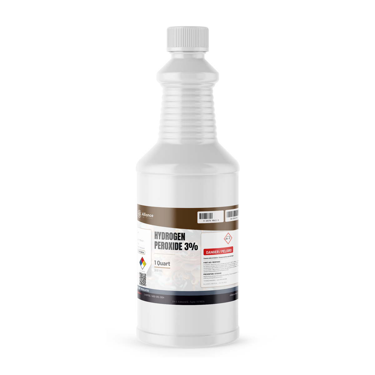 Hydrogen Peroxide 3% Technical Grade in a 1-quart white plastic bottle from Alliance Chemical
