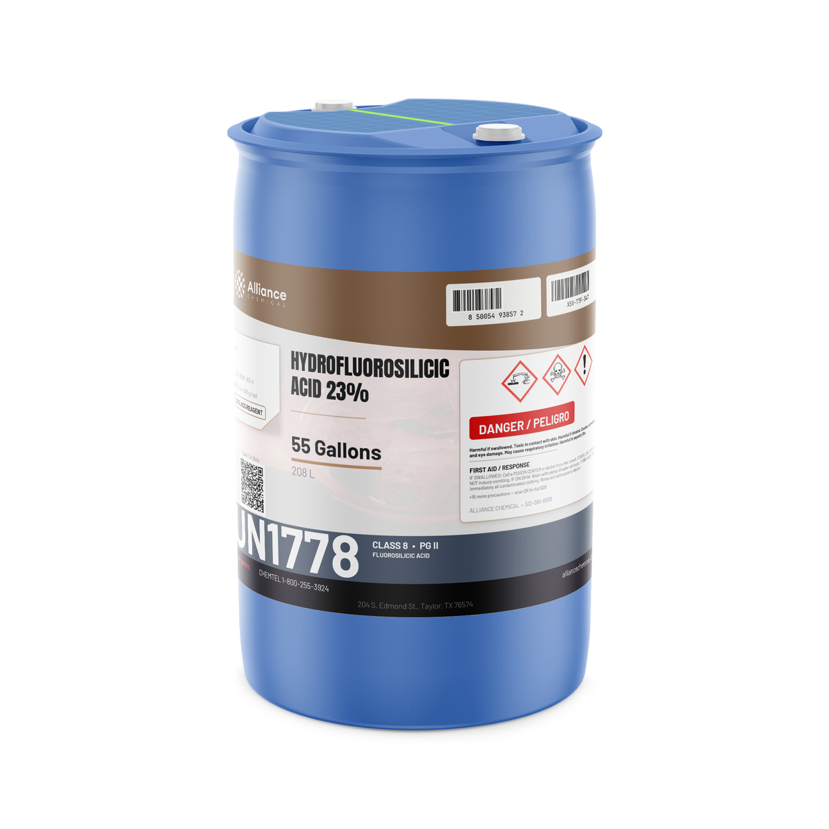 Hydrofluorosilicic Acid 23% ACS Grade in a 55-gallon blue plastic drum from Alliance Chemical for industrial water treatment