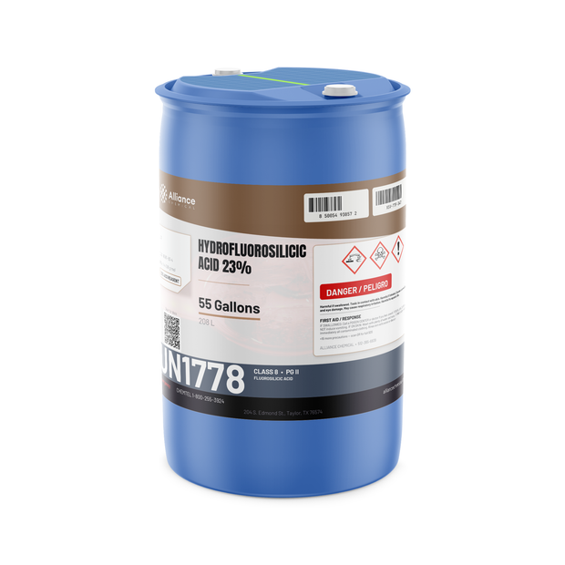 Hydrofluorosilicic Acid 23% ACS Grade in a 55-gallon blue plastic drum from Alliance Chemical for industrial water treatment