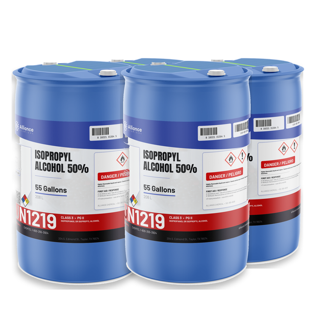 Isopropyl Alcohol 50% USP Grade in four 55-gallon blue plastic drums from Alliance Chemical