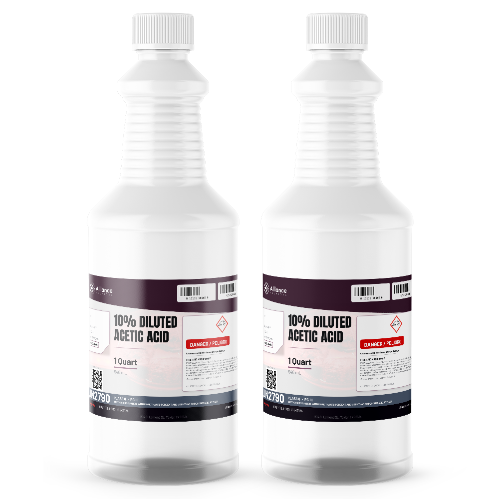 10% Acetic Acid Food Grade in two 1-quart plastic bottles for wastewater pH adjustment, Alliance Chemical