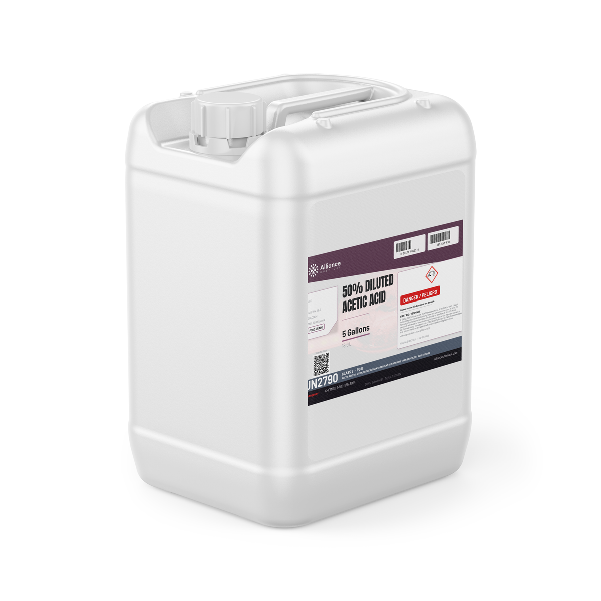 50% diluted acetic acid food grade in a white 5-gallon jerry can from Alliance Chemical