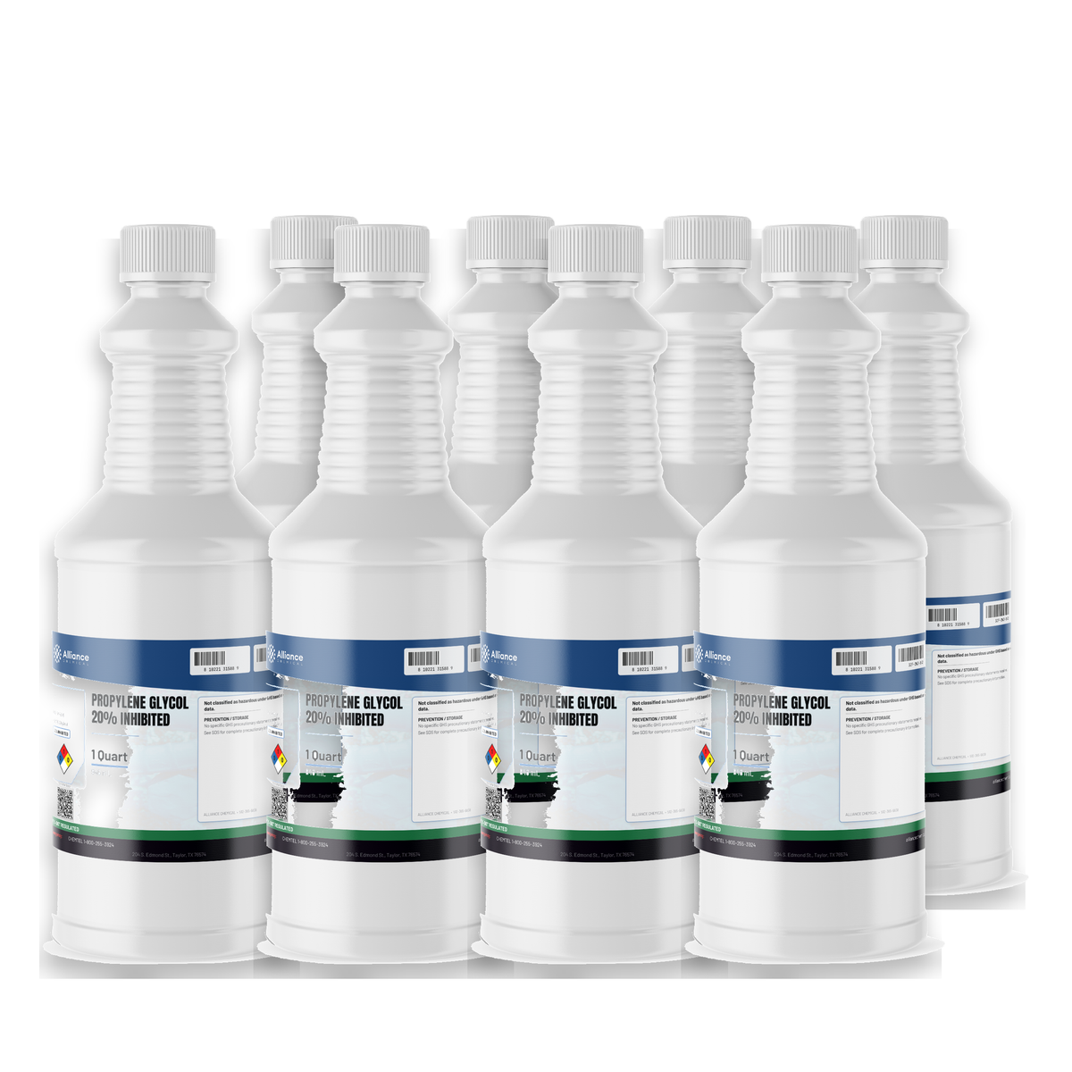 Propylene Glycol 20% Inhibited, case of eight 1-quart white plastic bottles from Alliance Chemical