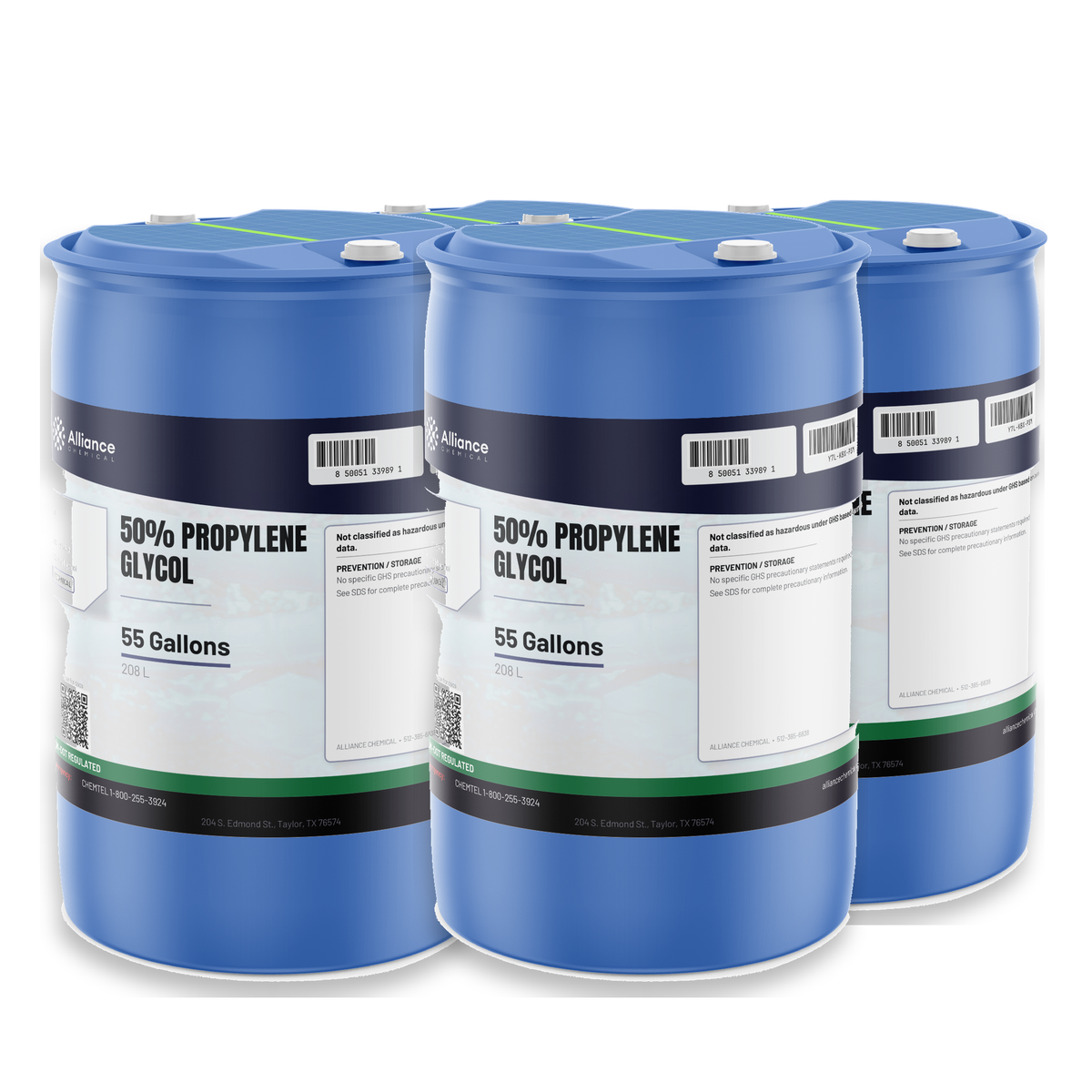 50% Propylene Glycol Technical Grade in four 55-gallon blue plastic drums, Alliance Chemical