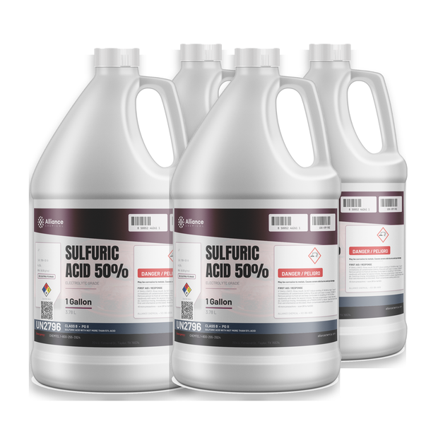Sulfuric acid 50% electrolyte grade in a case of four 1-gallon jugs from Alliance Chemical