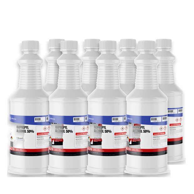 Isopropyl Alcohol 50% USP Grade in eight 1-quart plastic bottles from Alliance Chemical