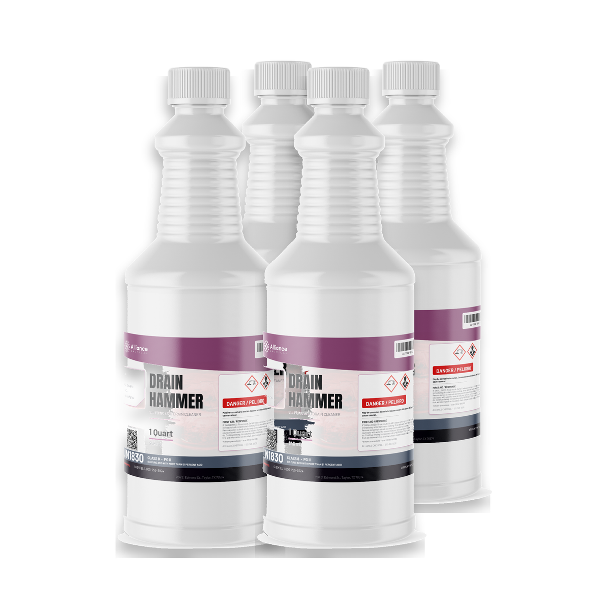 Drain Hammer technical grade sulfuric acid drain cleaner in four 1-quart bottles from Alliance Chemical