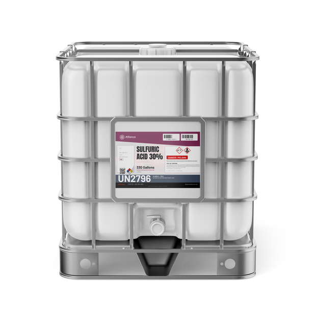 Sulfuric Acid 30% Technical Grade in a caged 330-gallon IBC tote from Alliance Chemical for industrial wastewater treatment