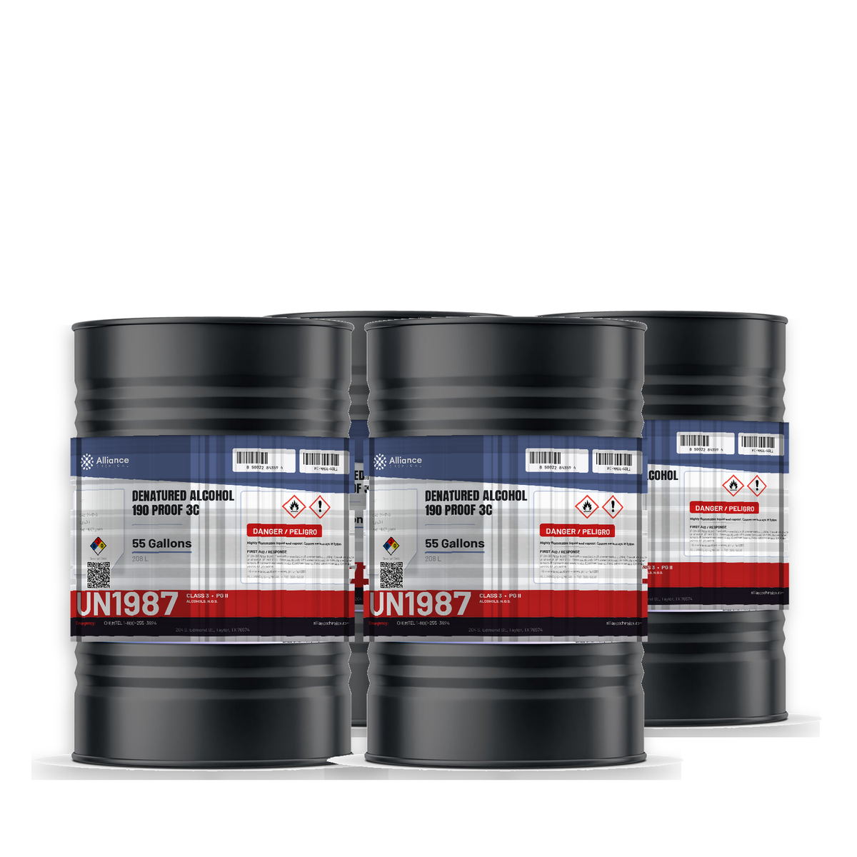 Denatured Alcohol 190 Proof 3C in four 55-gallon steel drums from Alliance Chemical for botanical extraction