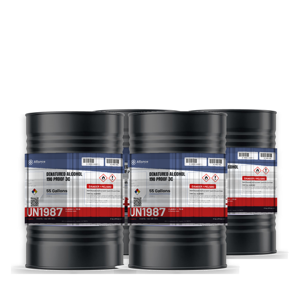 Denatured Alcohol 190 Proof 3C in four 55-gallon steel drums from Alliance Chemical for botanical extraction