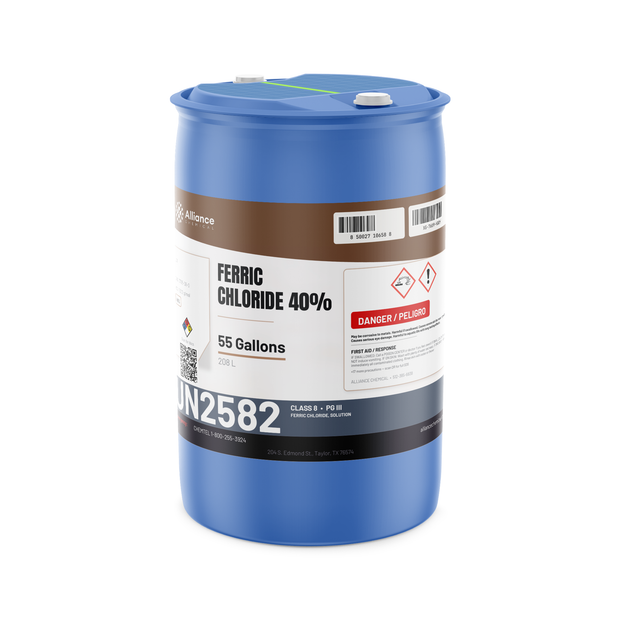 Ferric Chloride 40% Technical Grade in a 55-gallon blue drum from Alliance Chemical for PCB copper etching and wastewater treatment