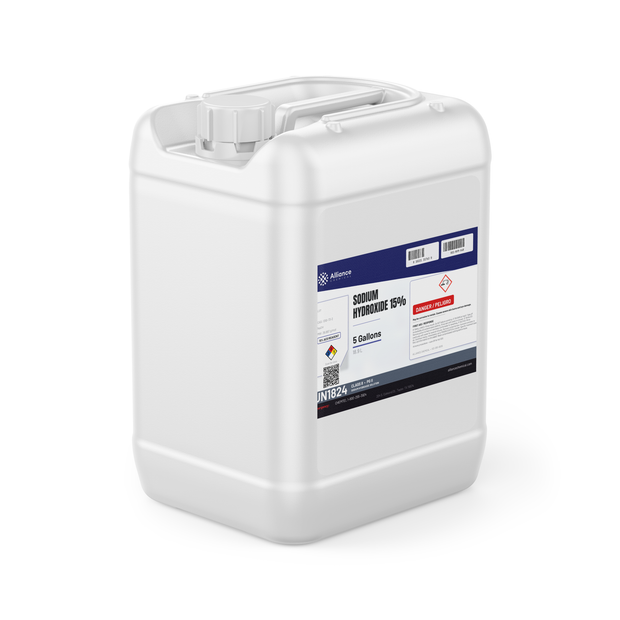Sodium Hydroxide 15% ACS Reagent Grade in a 5-gallon white plastic jerry can, Alliance Chemical