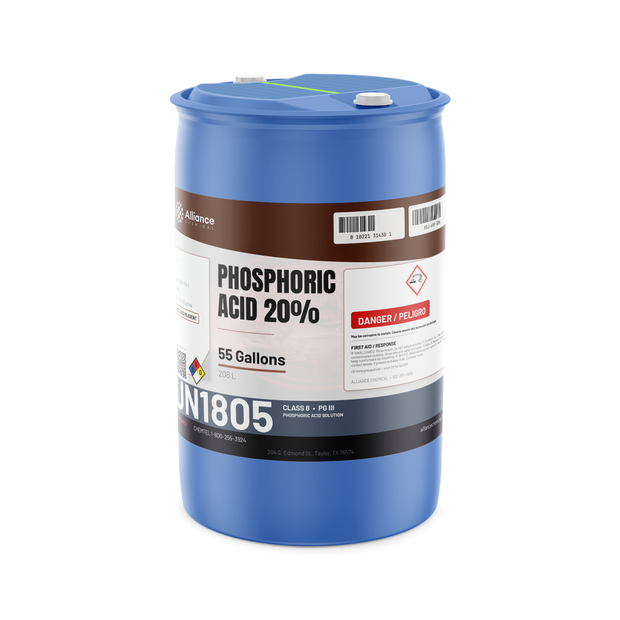 Phosphoric Acid 20% ACS Reagent Grade in a 55-gallon blue plastic drum, Alliance Chemical