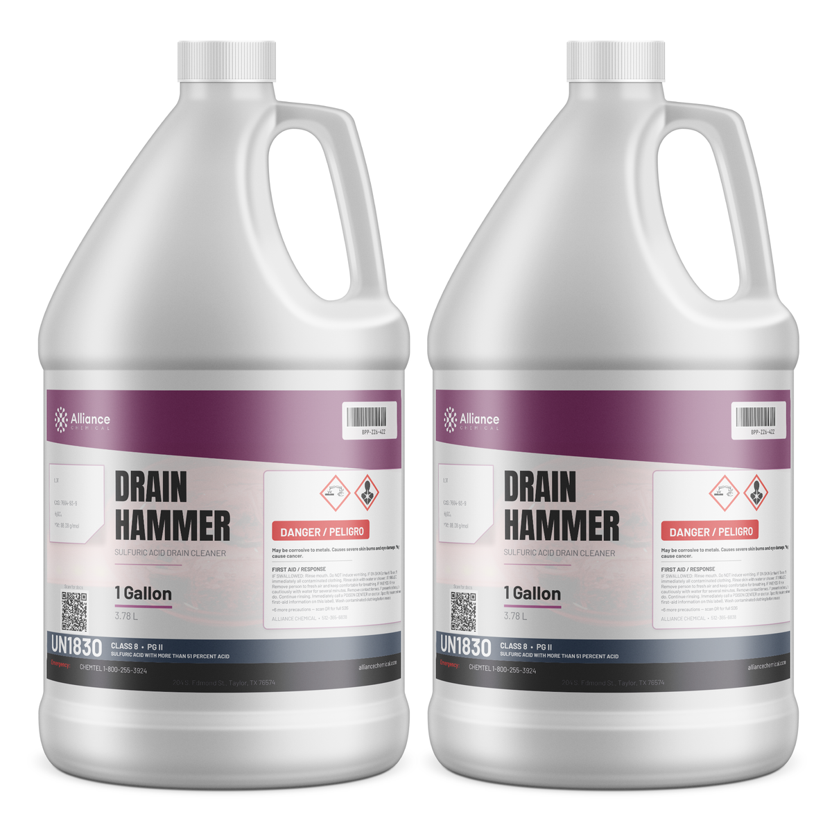 Sulfuric Acid 100% Technical Grade in two 1-gallon jugs for drain clearing, Alliance Chemical