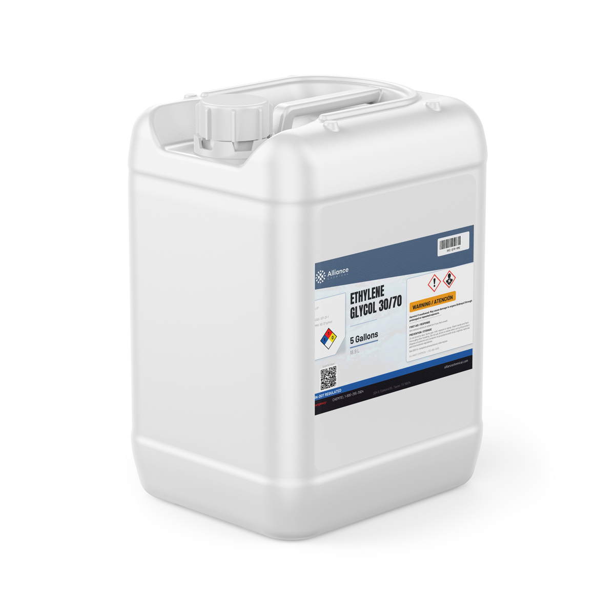 Ethylene Glycol 30/70 Technical Grade in a 5-gallon white plastic jerry can, Alliance Chemical