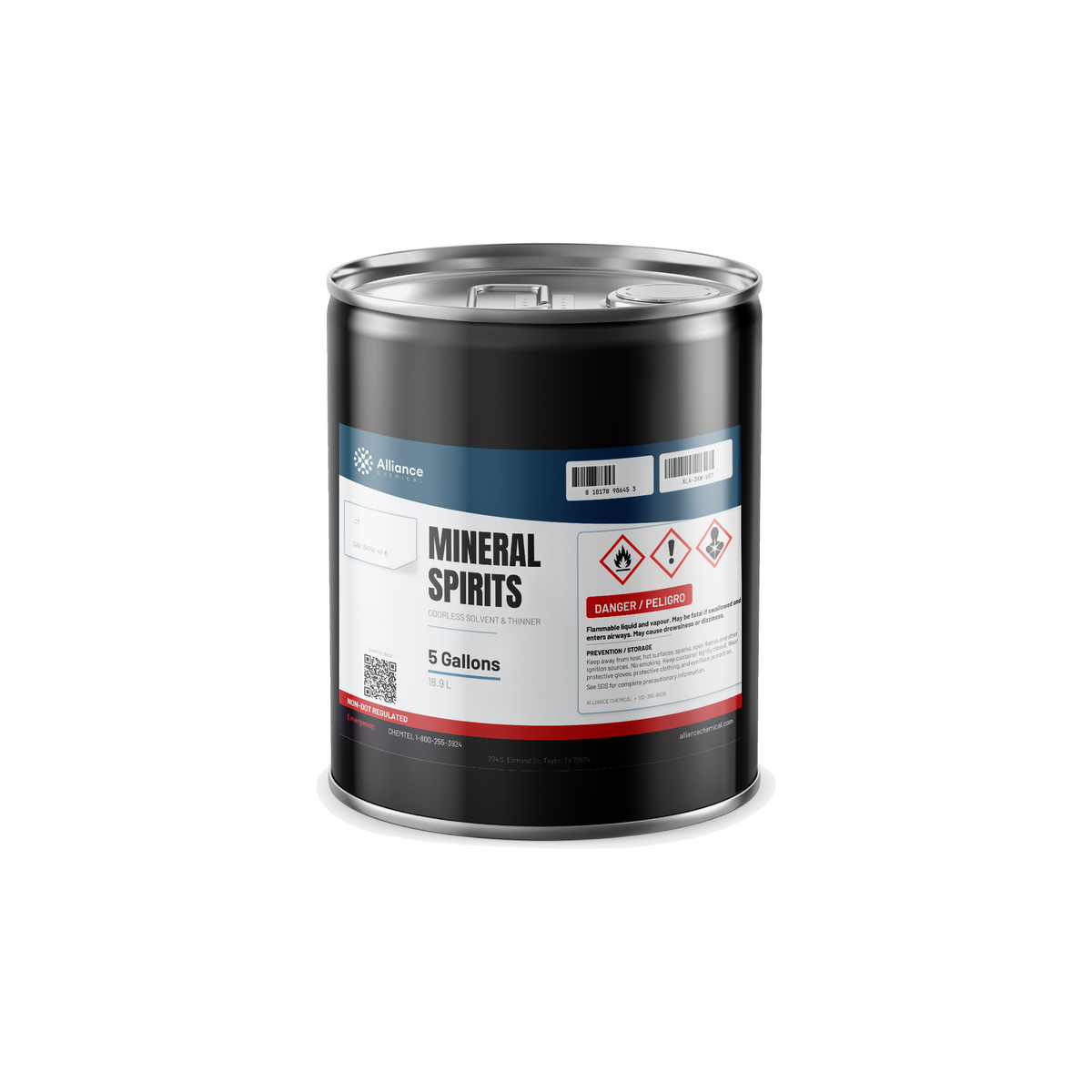 Odorless Mineral Spirits Technical Grade in a 5-gallon metal pail for paint thinning, Alliance Chemical