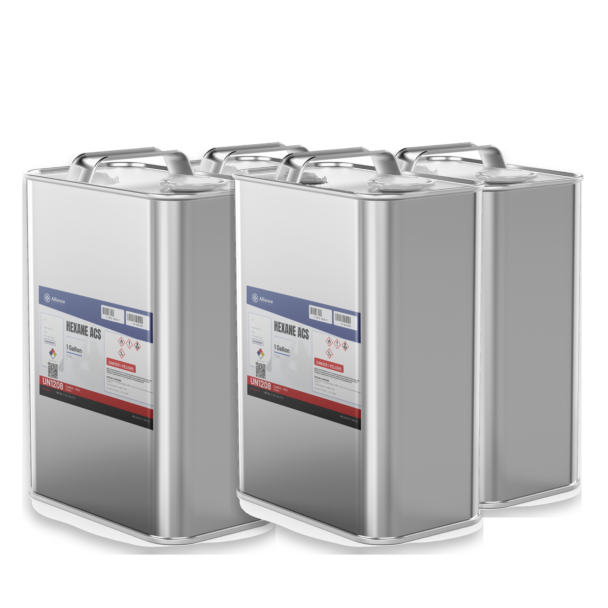 Hexane ACS Reagent Grade case of four 1-gallon metal cans for solvent extraction from Alliance Chemical