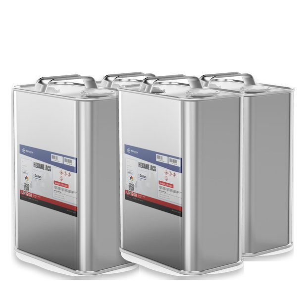 Hexane ACS Reagent Grade case of four 1-gallon metal cans for solvent extraction from Alliance Chemical