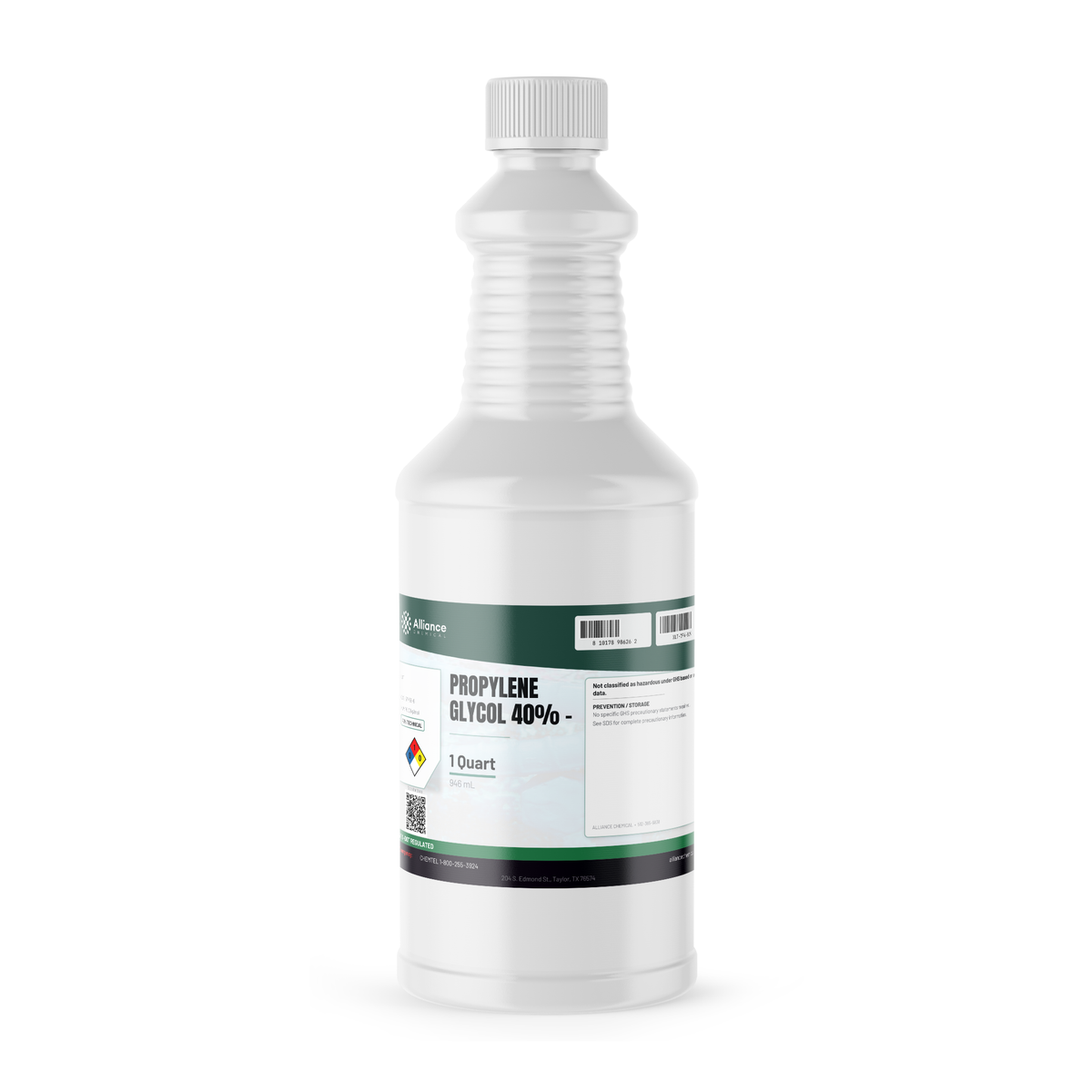 Propylene Glycol 40% Technical Grade 1-quart white plastic bottle for heat-transfer systems, Alliance Chemical