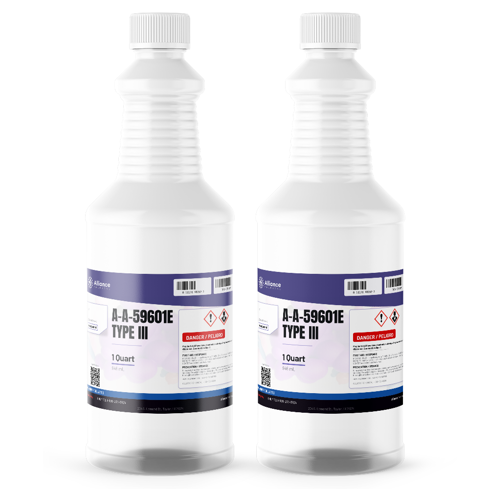A-A-59601E Type III ACS Grade in two 1-quart plastic bottles, Alliance Chemical for parts cleaning and surface prep