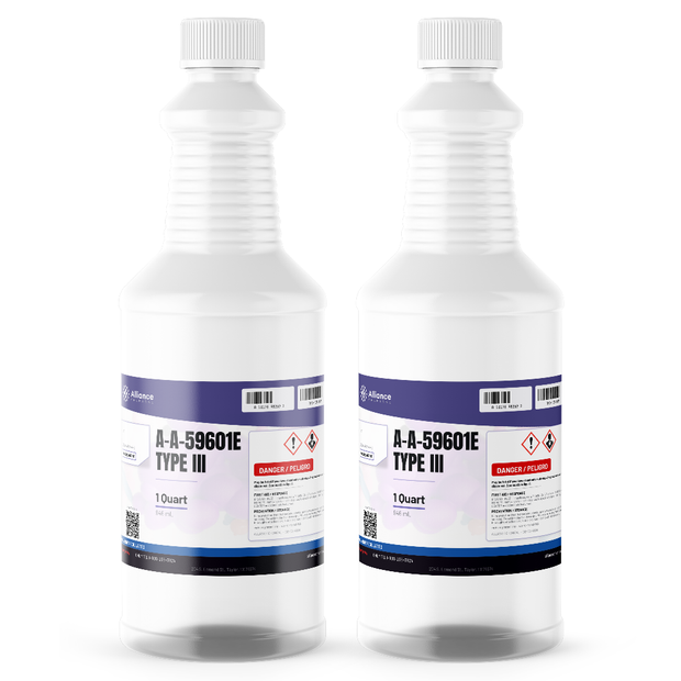 A-A-59601E Type III ACS Grade in two 1-quart plastic bottles, Alliance Chemical for parts cleaning and surface prep