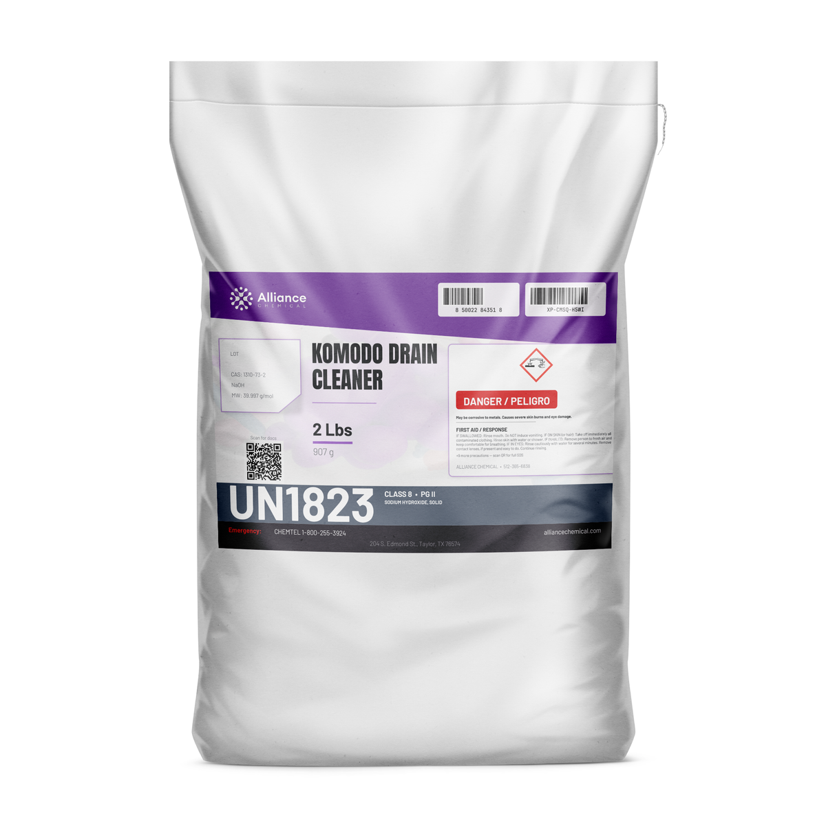 Komodo Drain Cleaner Technical Grade 2-lb bag Alliance Chemical for dissolving heavy grease in industrial drain lines