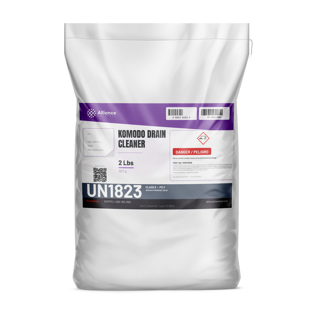 Komodo Drain Cleaner technical grade in a 2-lb bag from Alliance Chemical for clearing organic fats and grease in drains