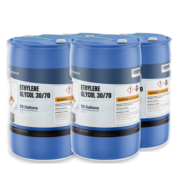 Ethylene Glycol 30/70 technical grade in four 55-gallon blue plastic drums from Alliance Chemical