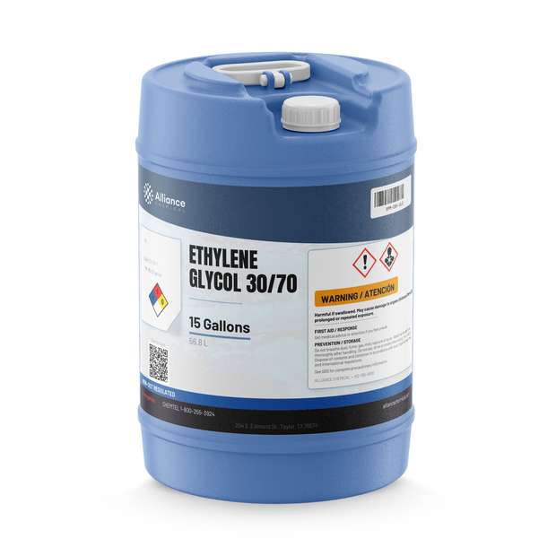 Ethylene glycol 30/70 technical grade in a blue 15-gallon plastic carboy from Alliance Chemical