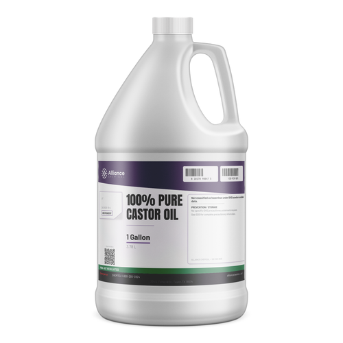 100% pure castor oil ACS reagent grade in a single 1-gallon white plastic jug by Alliance Chemical