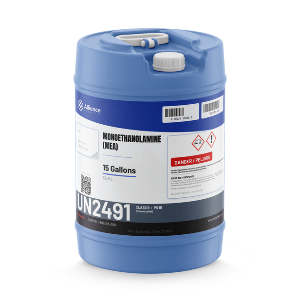 Monoethanolamine Technical Grade 15-gallon blue carboy, Alliance Chemical for acid gas scrubbing
