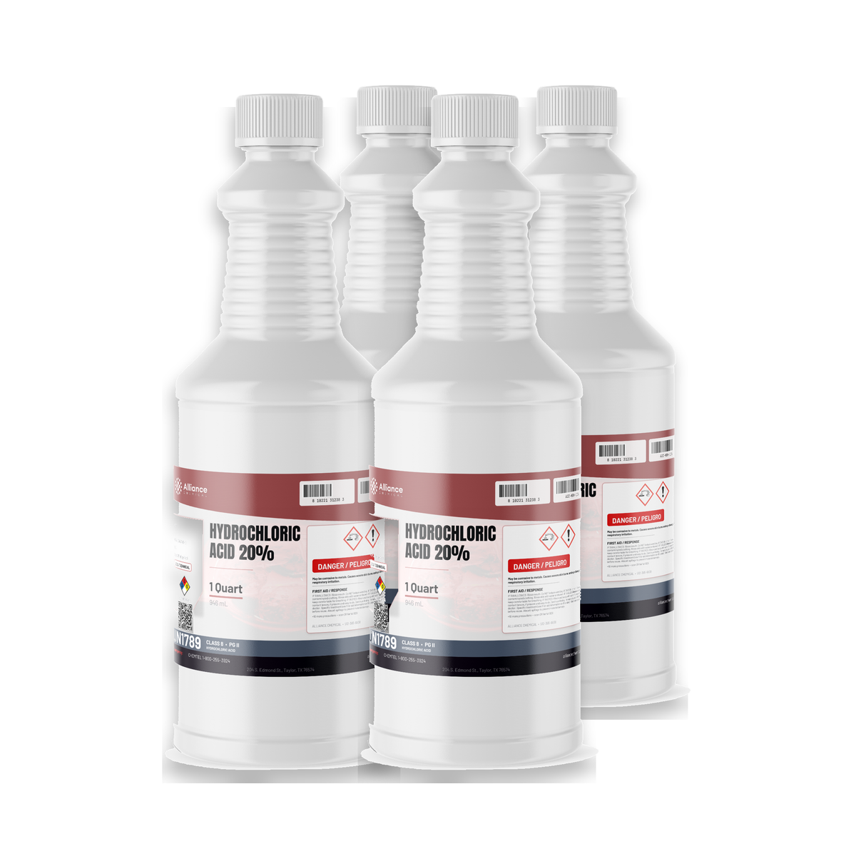 Hydrochloric Acid 20% Technical Grade in four 1-quart plastic bottles, Alliance Chemical