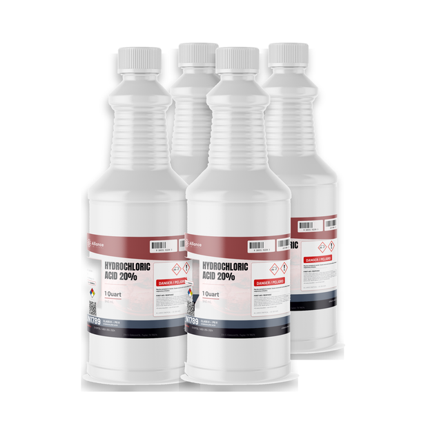 Hydrochloric Acid 20% Technical Grade in four 1-quart plastic bottles, Alliance Chemical