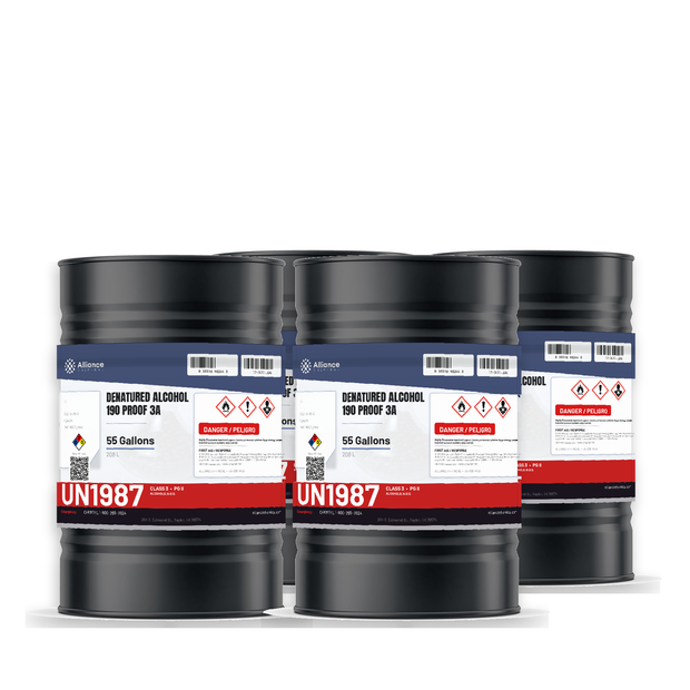 Denatured Alcohol 190 Proof 3A in four black 55-gallon steel drums from Alliance Chemical