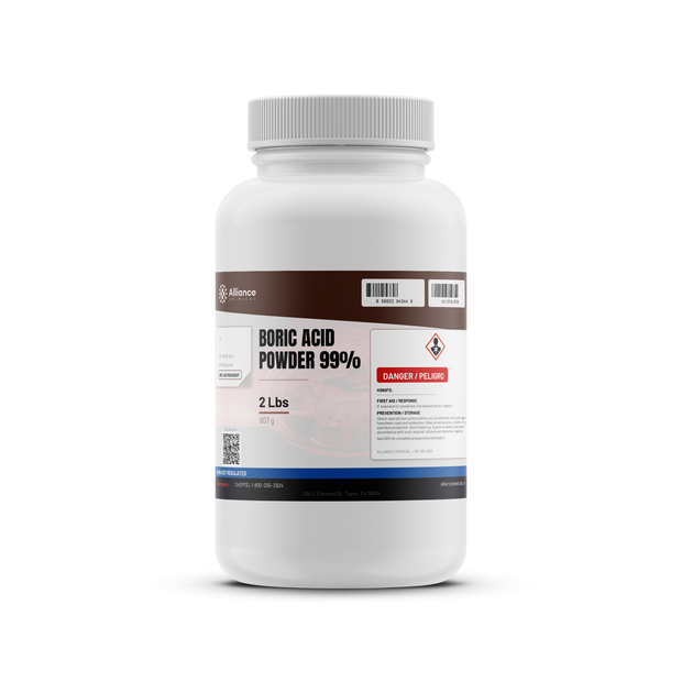 Boric Acid Powder 99% ACS Reagent Grade in a 2-lb white plastic bottle, Alliance Chemical
